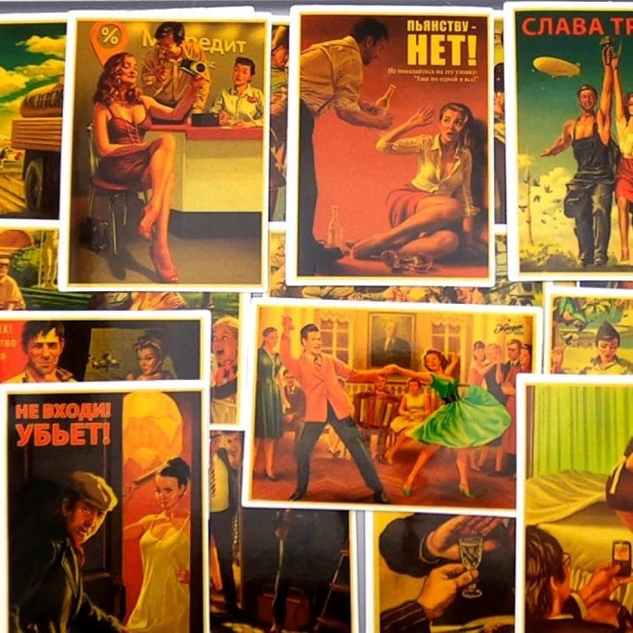 Retro Posters In Europe And America Square Stickers استكرات اوروبا و امريكا متنوعة ( 10 حبات بالحظ )