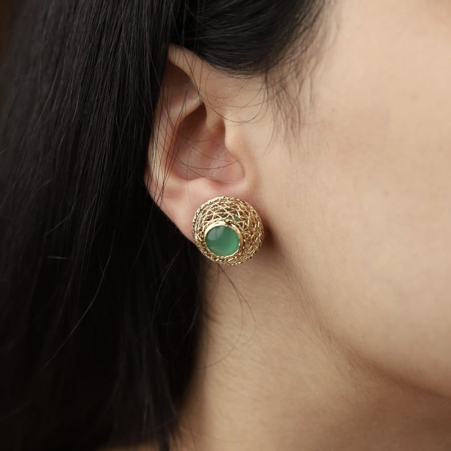 حلق ذهب بحجر كريم(Green agate)(0.5قرام)عيار18–4227
