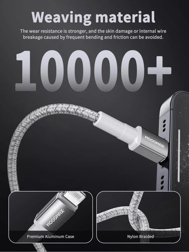 سلك شاحن ايفون قماشي بقوة ٦٠ واط لون رمادي من موج ماكس