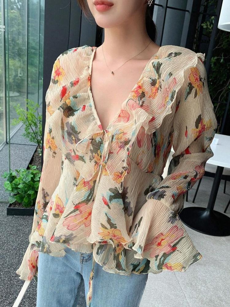بلوزة بأكمام واسعة مزينة بكشكشة وطباعة زهرية، ملابس عطلة طويلة الأكمام للنساء بطراز بوهيمي