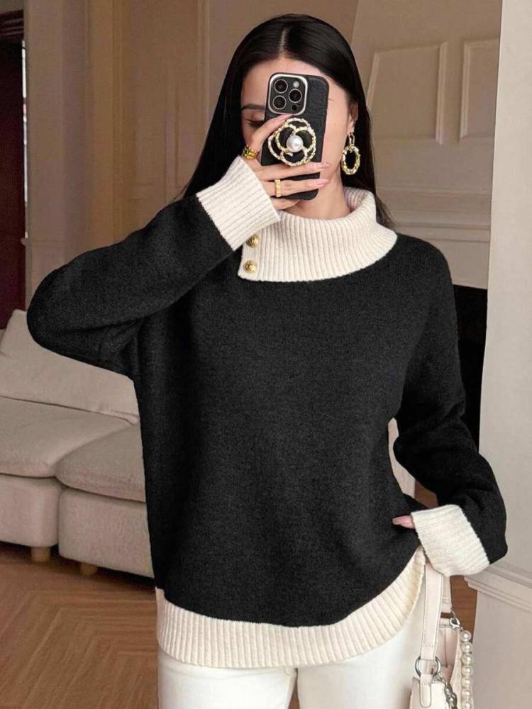 كنزة نسائية صوفية DAZY بتصميم كتل لونية أنيق وأكمام طويلة لإطلالة خريفية عصرية