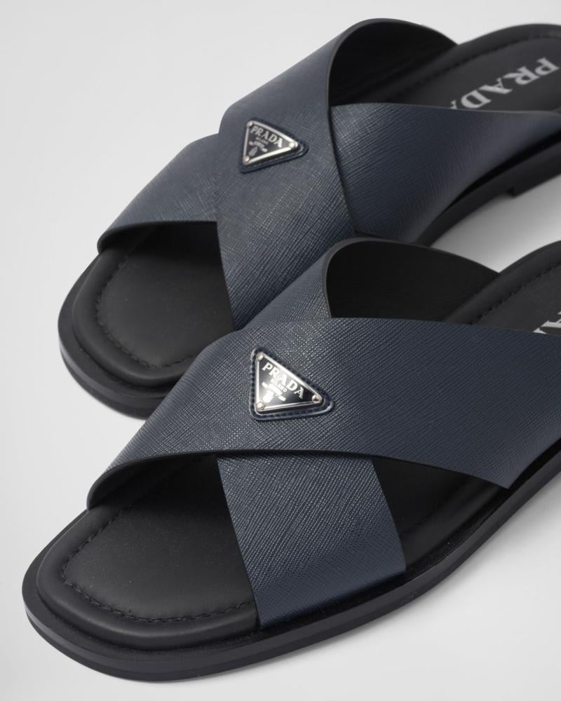 Prada men's open-toe leather slipper in navy blue