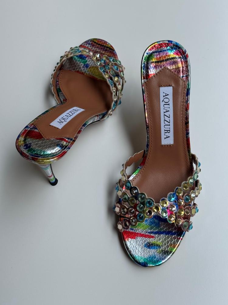 Aquazzura Snake Print Crystal Embellished High Heel Sandal