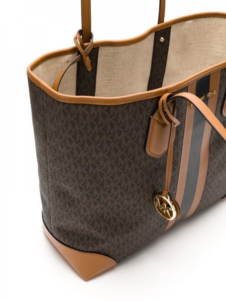 MICHAEL MICHAEL KORS Eva Large Logo Stripe Tote Bag Brn Acorn