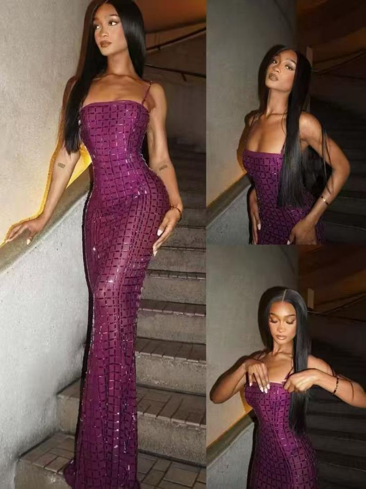 فستان بتصميم شبكي مرصع بالكريستال من herve leger بلون ارجواني