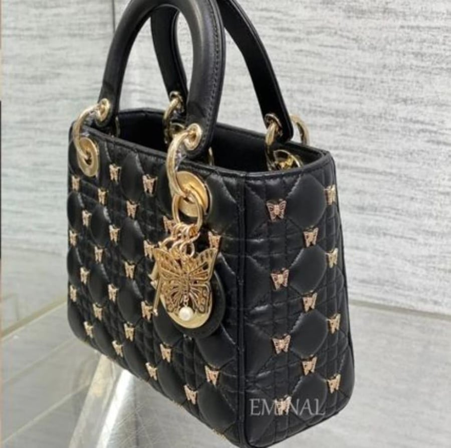 Lady Dior square bag with black gold butterflies