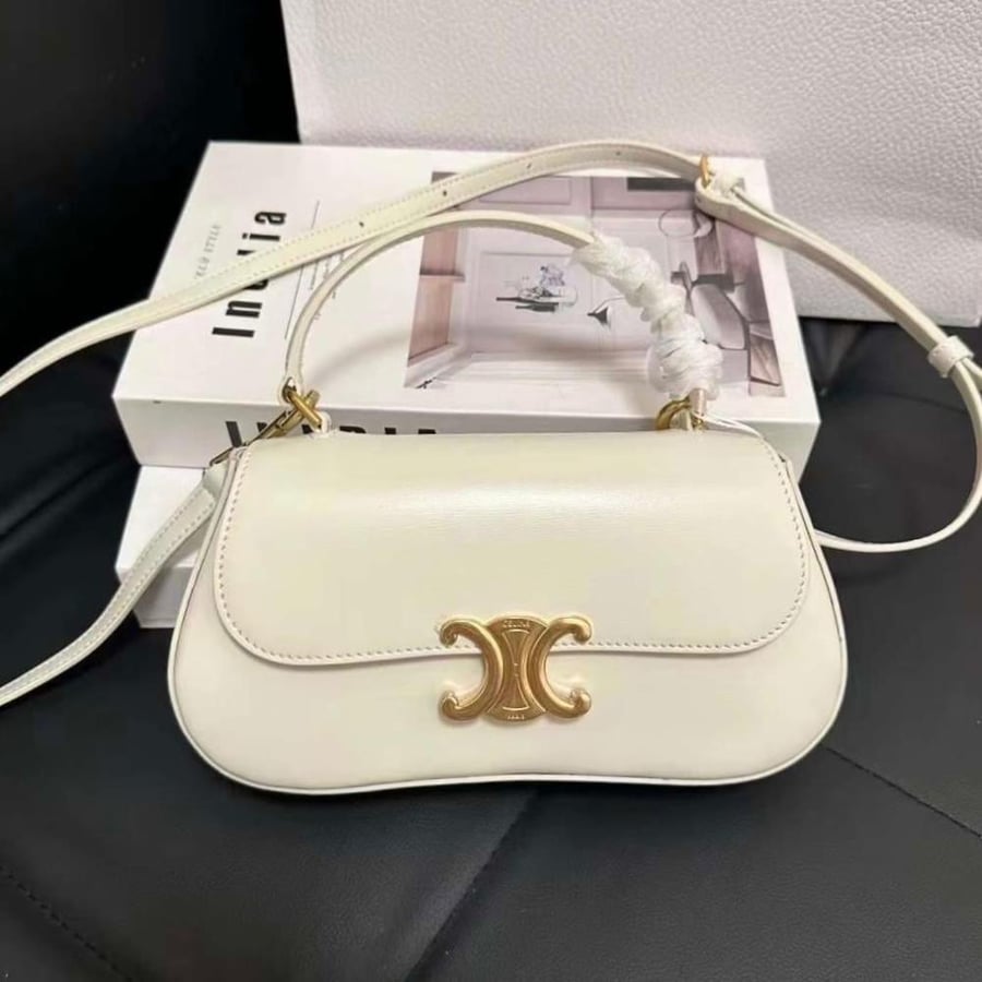 Celine Women's Classic Leather Shoulder Bag with Flap - White