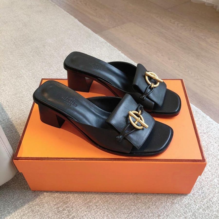 Hermes Elliot 50 Black Mid-Heel Sandal