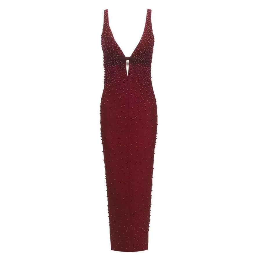 فستان ماكسي عنابي أنيق من herve leger بياقة عميقة