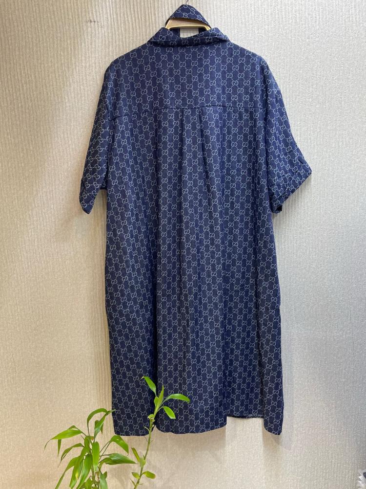 Wide-leg dress with a Gucci belt and front buttons, dark blue