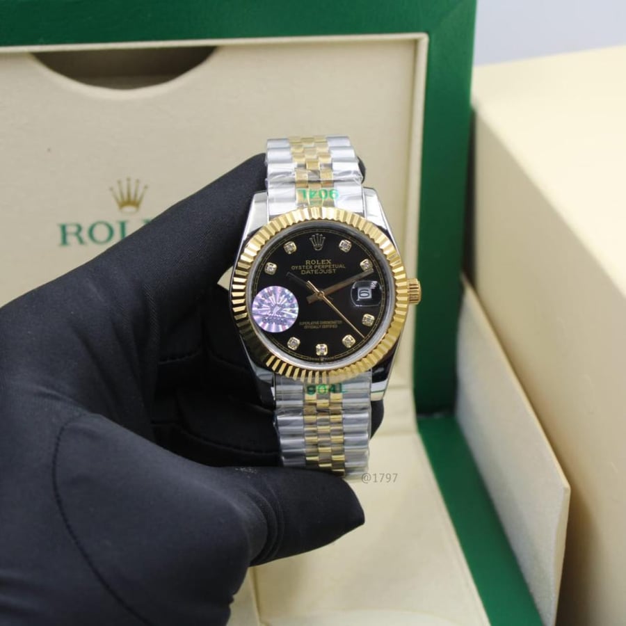ساعة ROLEX ديت جست بسوار فضي وذهبي مينا أسود 41مم