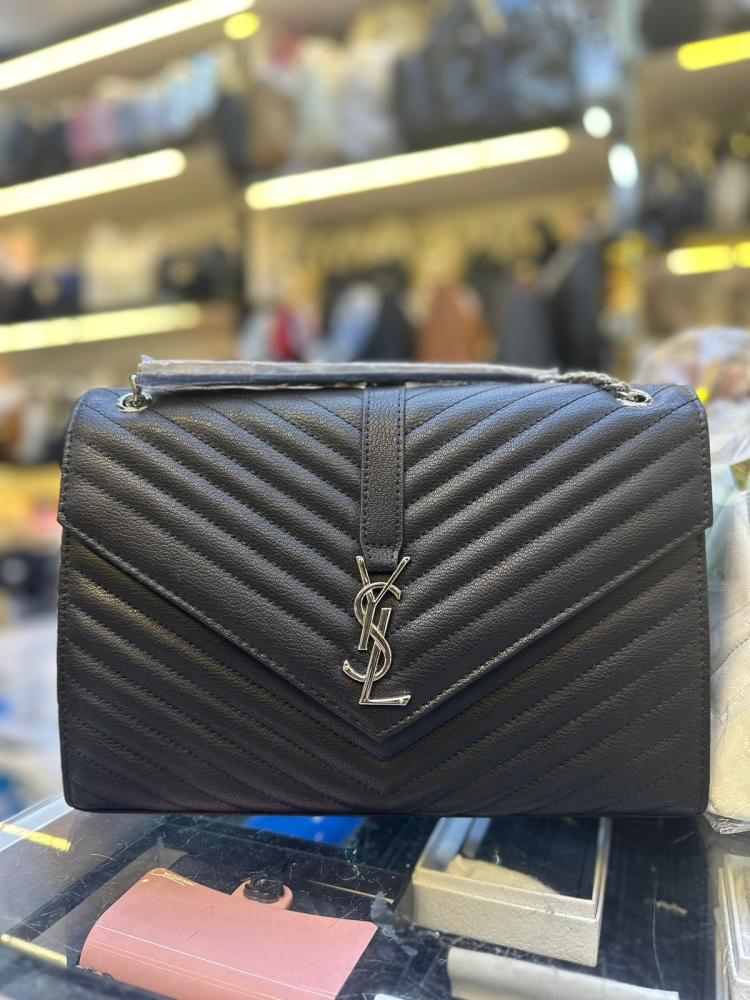 Saint Laurent Envelope Women's Shoulder Bag in Black with Silver Logo