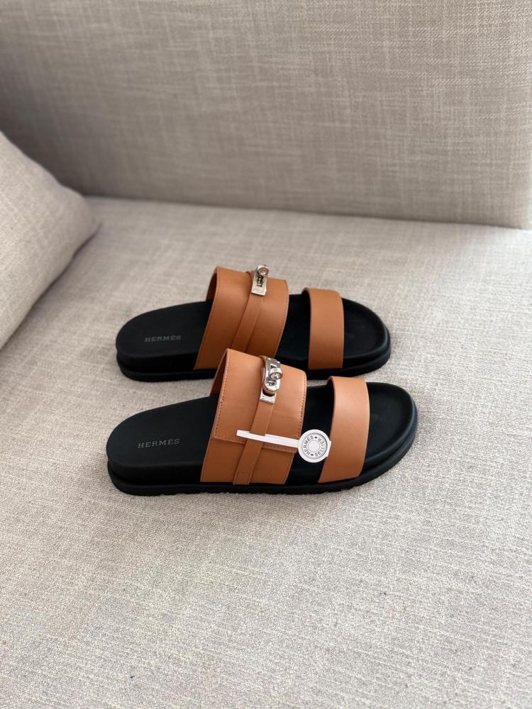 Hermes Jackson Men's Sandal, Honey Color, Suede, Black Sole