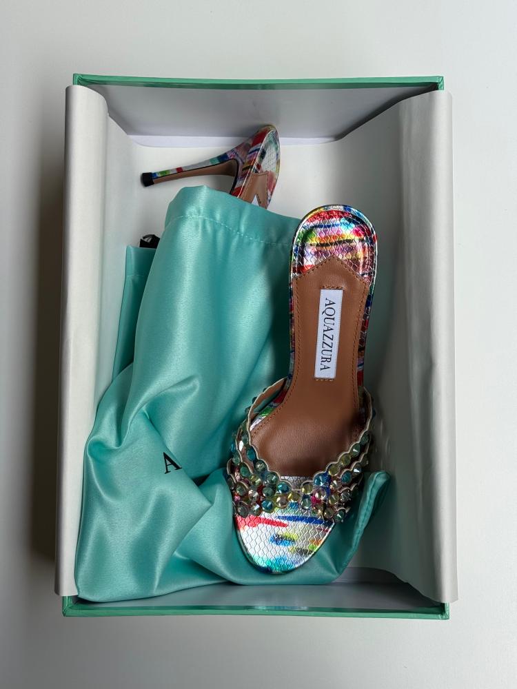 Aquazzura Snake Print Crystal Embellished High Heel Sandal
