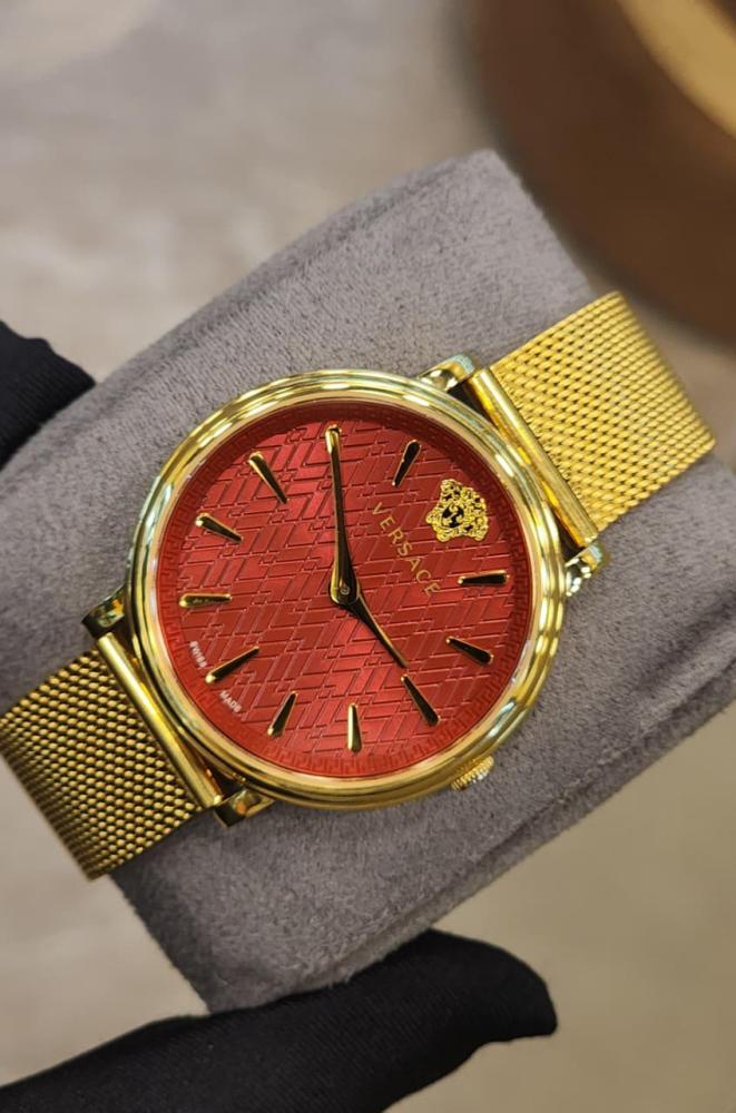 Versace V-Circle women's watch, gold color, red dial