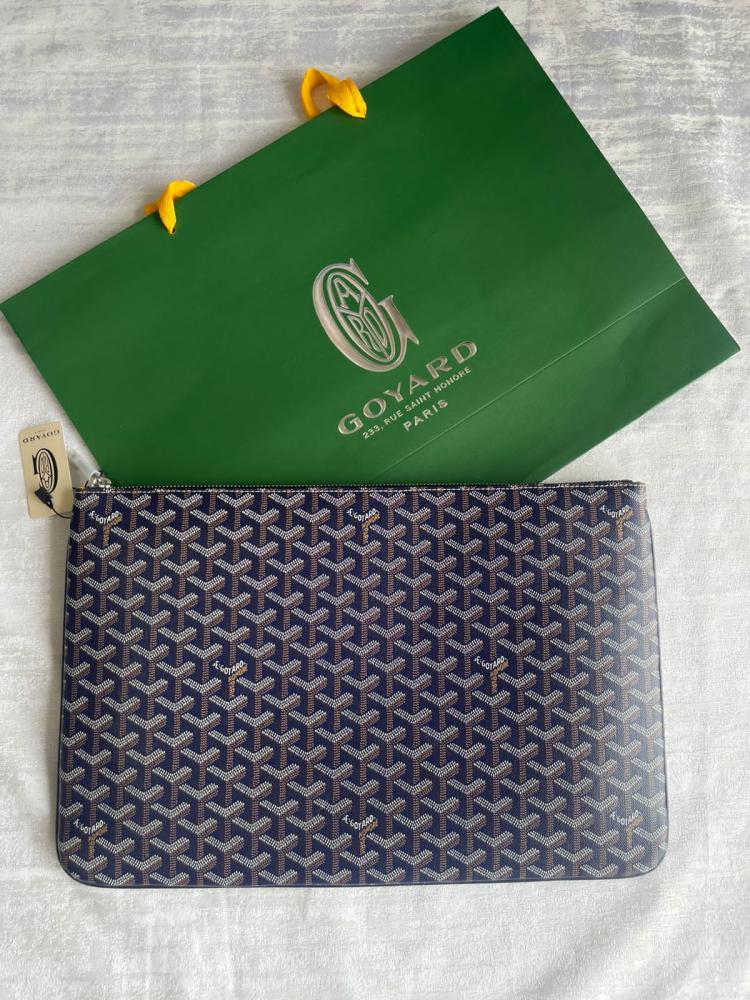Goyard Senat Wide Pouch with Jourdain Pattern, Navy and Brown