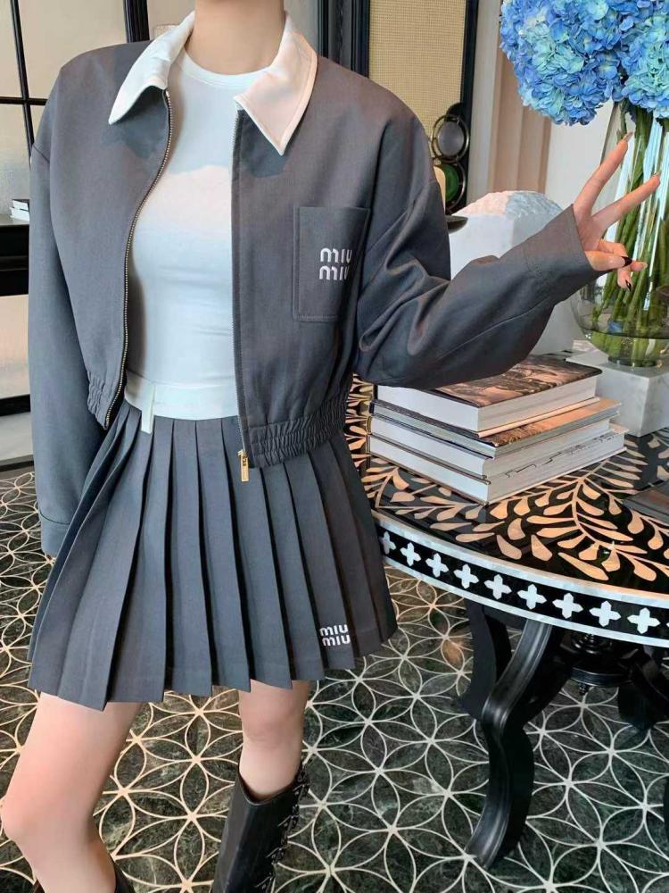Miu Miu pleated skirt and jacket set in gray