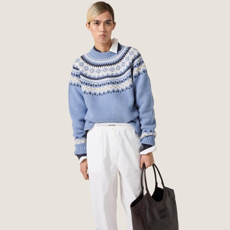 بلوزة ماركة ميوميو نسائية محبوكة Fair Isle بلون ازرق
