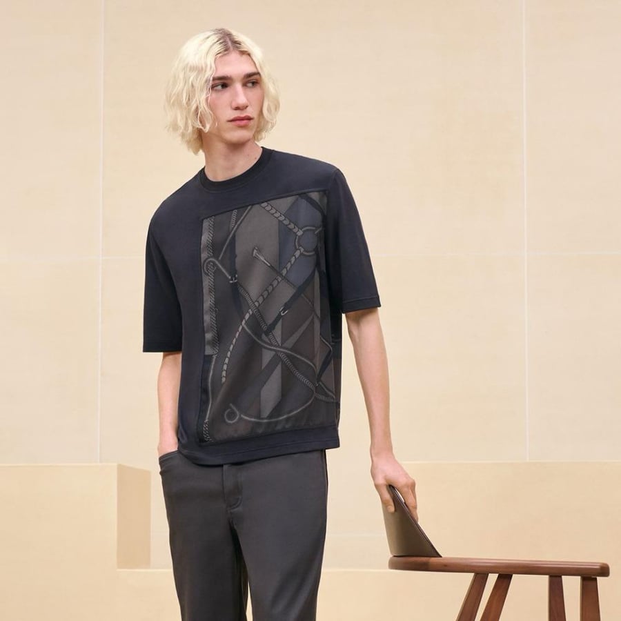 Hermes Men's Casual T-Shirt with Elegant Print, Black