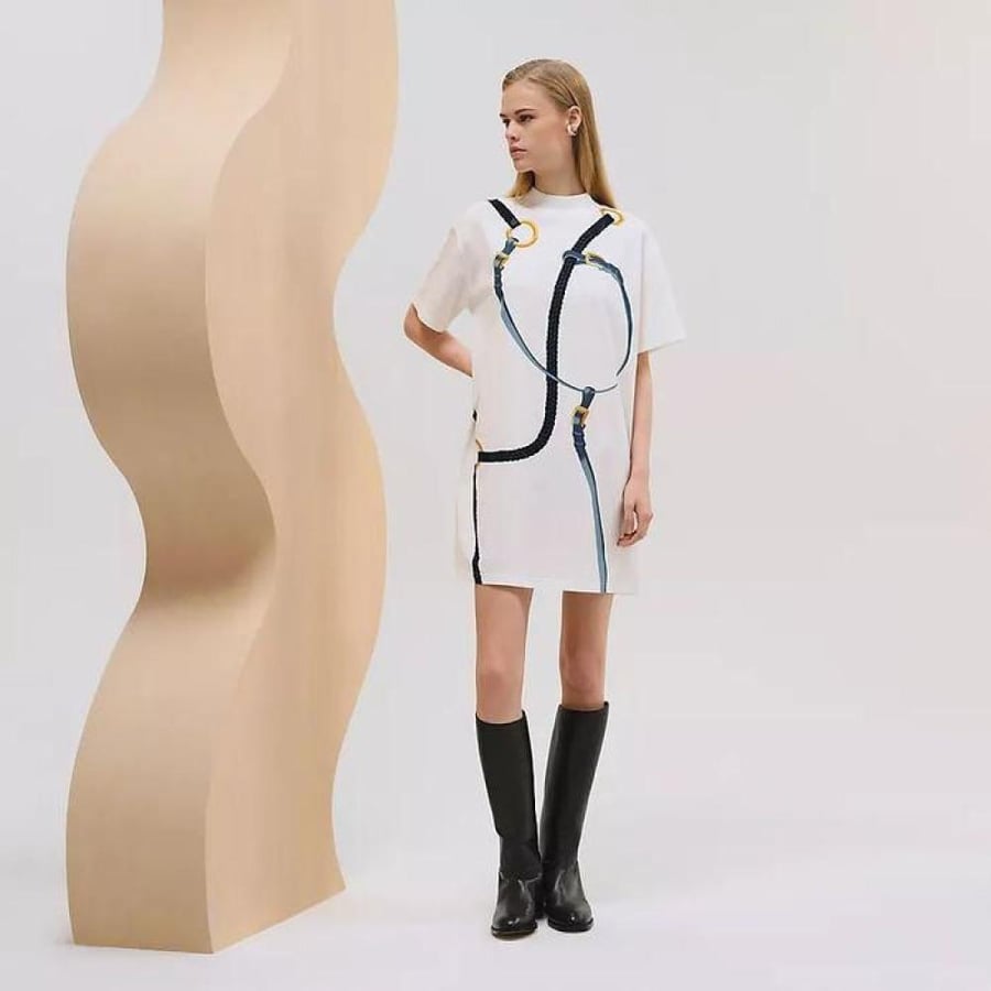 Hermes short straight dress, white and black print