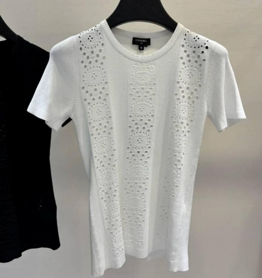 Chanel Women's White Hollow Out Crew Neck T-Shirt