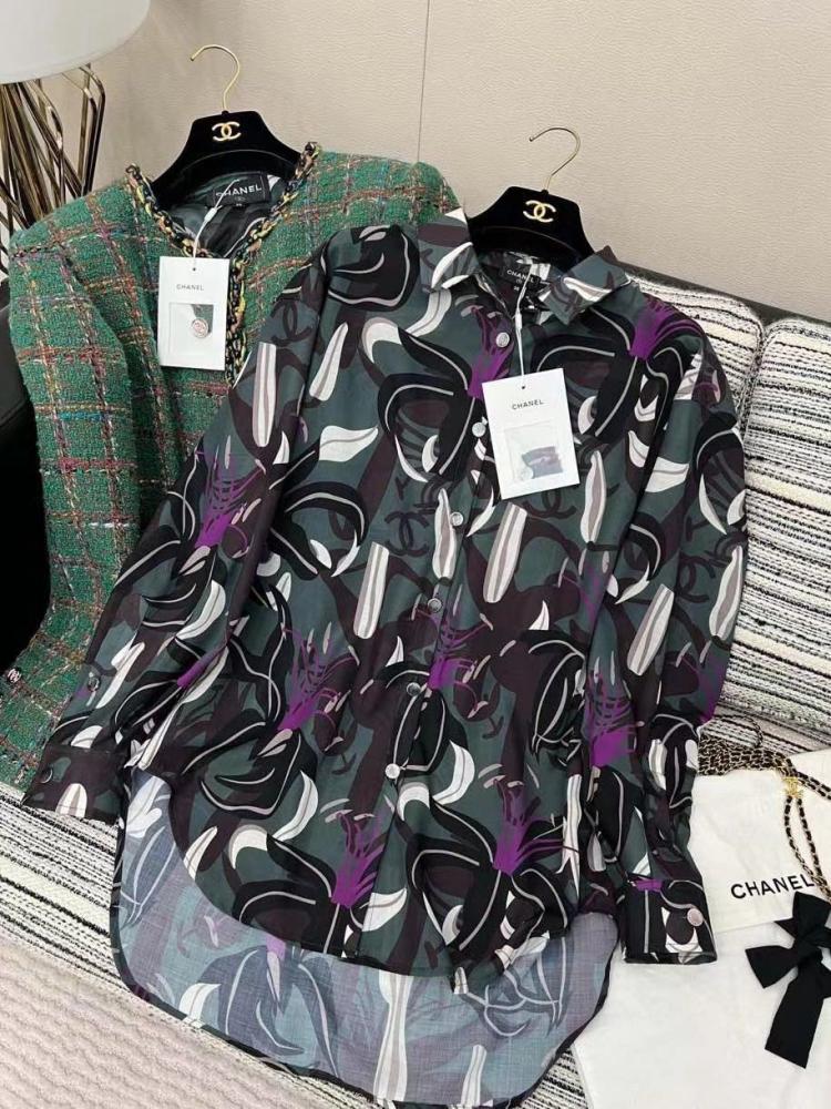 Women's Chanel Shirt, Black with Purple, Elegant Embellished Pattern