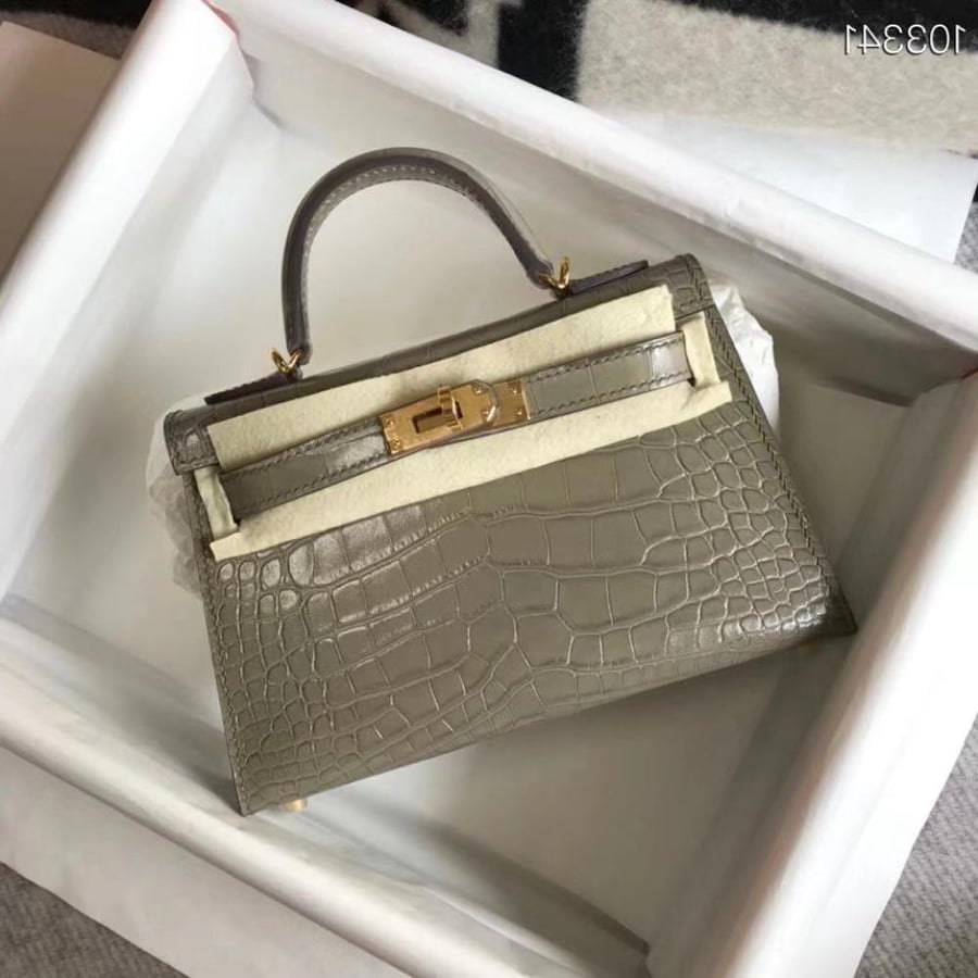 Hermes Mini Kelly Crocodile Bag, Grey and White
