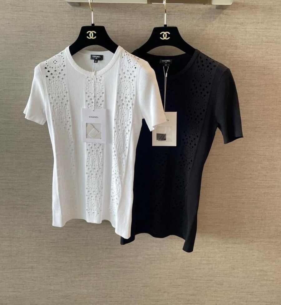 Chanel Women's White Hollow Out Crew Neck T-Shirt