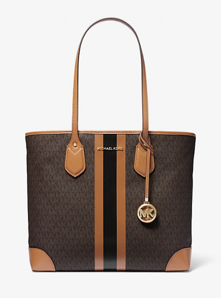 MICHAEL MICHAEL KORS Eva Large Logo Stripe Tote Bag Brn Acorn