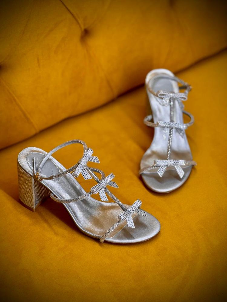 René Caovilla Caterina silver evening sandal with bows