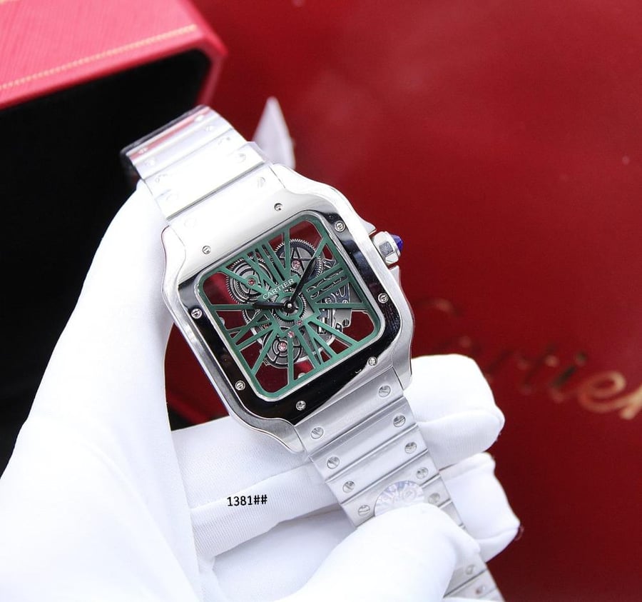 ساعة Cartier Santos Skeleton سوار فضي مينا أخضر