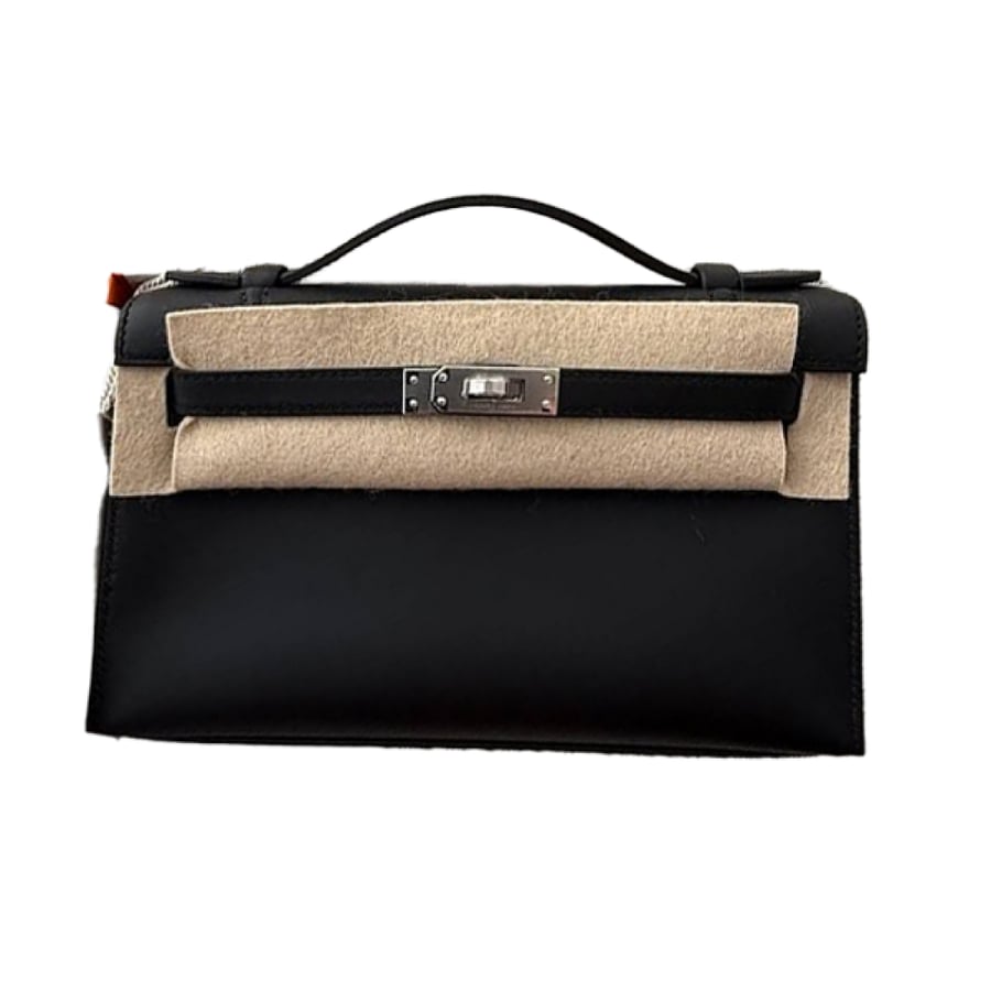 Black soft leather Hermes Kelly pouch bag with handle and silver metal