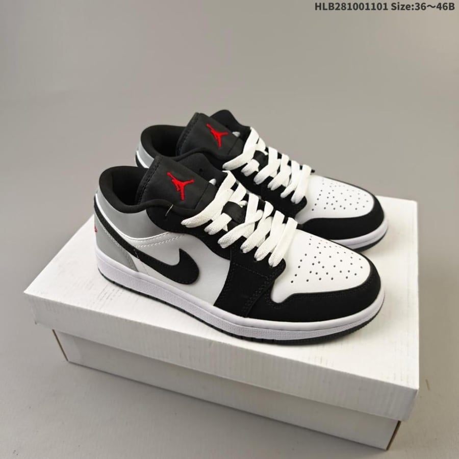 Air Jordan Low 1 Nike basketball shoes in black, gray and white