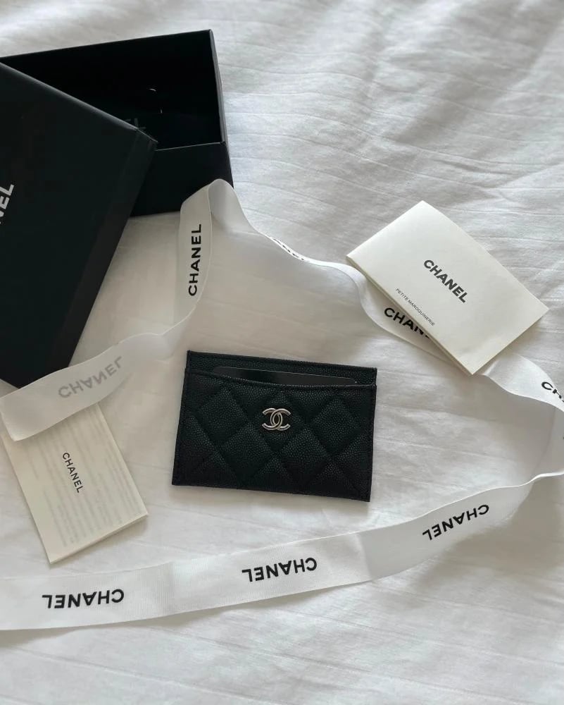 Chanel small card wallet in black with silver logo