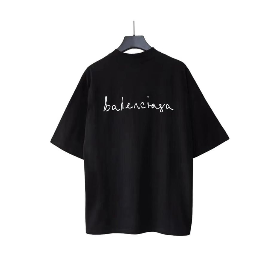 Balenciaga Men's Black Crew Neck T-Shirt with White Print