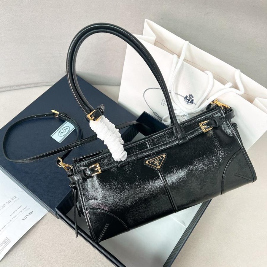 Prada leather bag with top handles in black, luxury