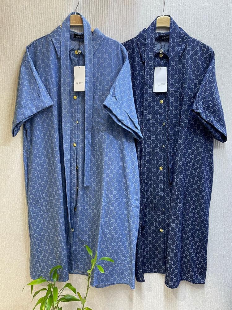 Wide-leg dress with a Gucci belt and front buttons, dark blue