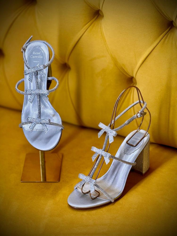 René Caovilla Caterina silver evening sandal with bows