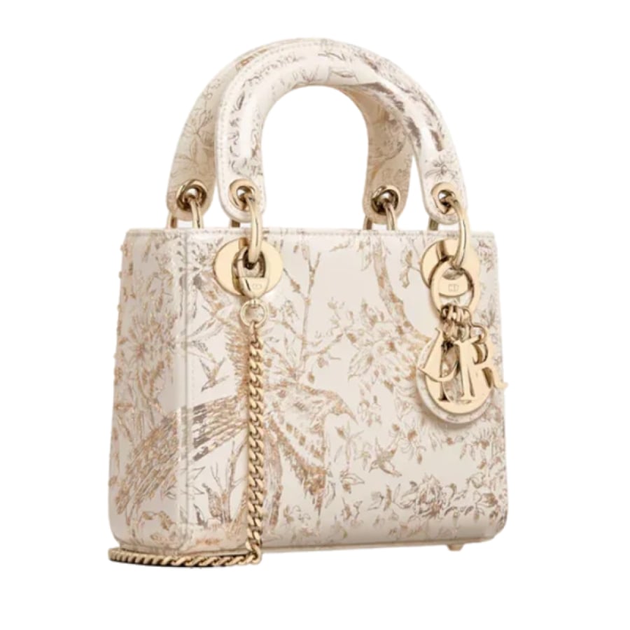 شنطة Lady Dior صغيرة 17سم بنقش Jardin d Hiver لون الأبيض وتطريز ذهبي