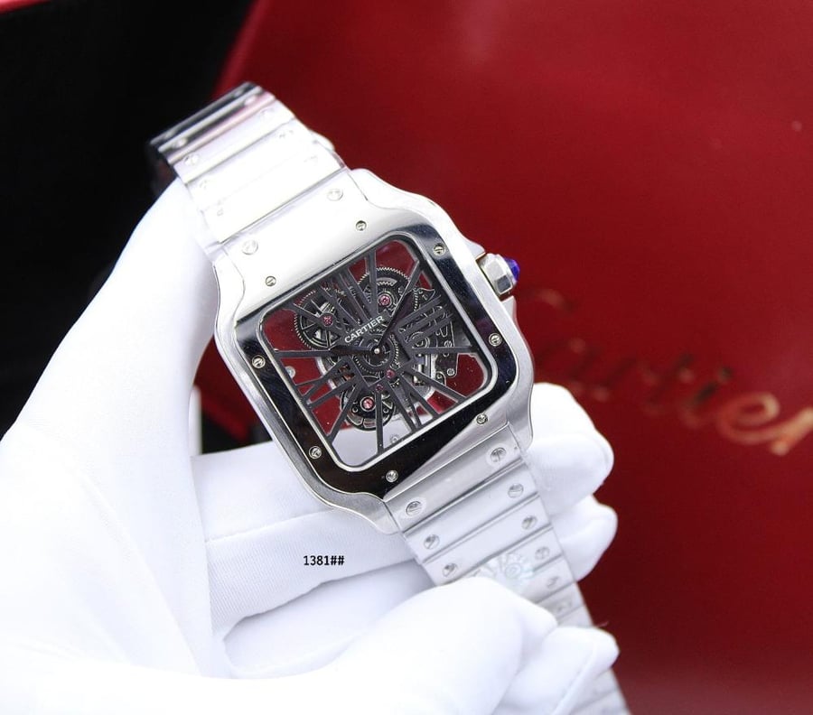 ساعة رجالية Cartier Santos Skeleton سوار فضي مينا أسود