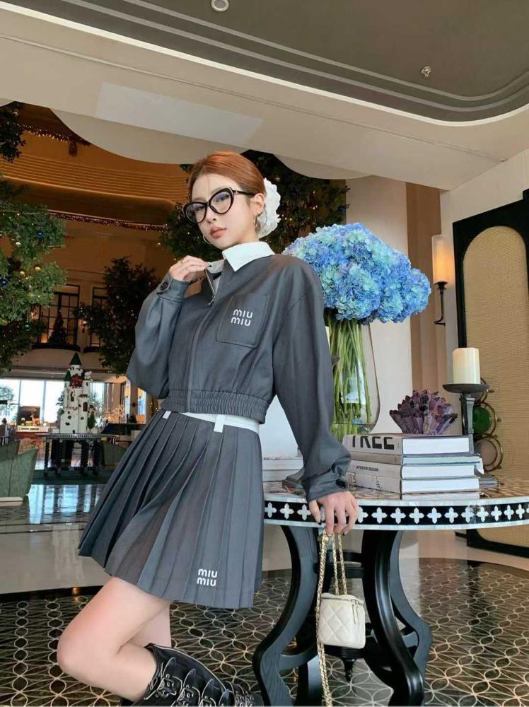 Miu Miu pleated skirt and jacket set in gray