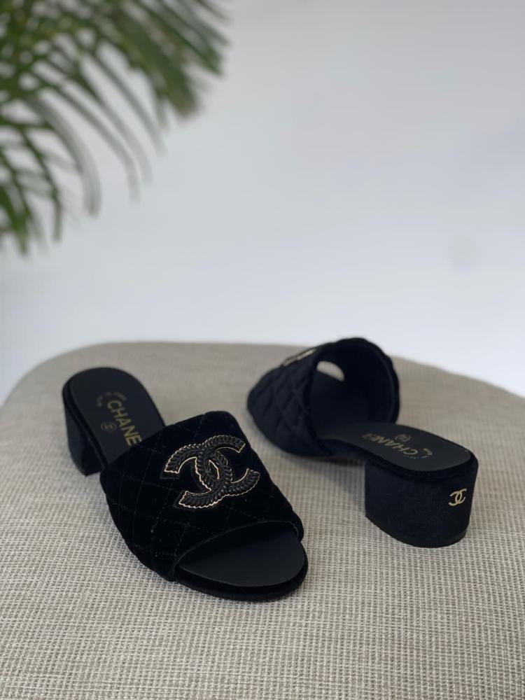 Chanel velvet square low heel black sandal