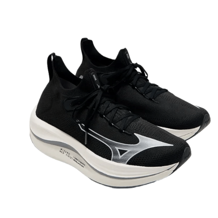 Mizuno Neo Vista2 black canvas shoes with a white sole and gray accents