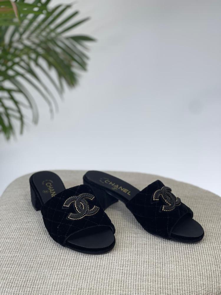Chanel velvet square low heel black sandal