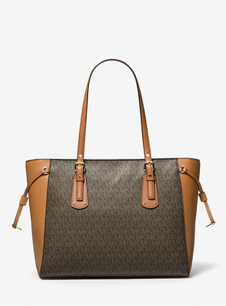 MICHAEL MICHAEL KORS Eva Large Logo Stripe Tote Bag Brn Acorn