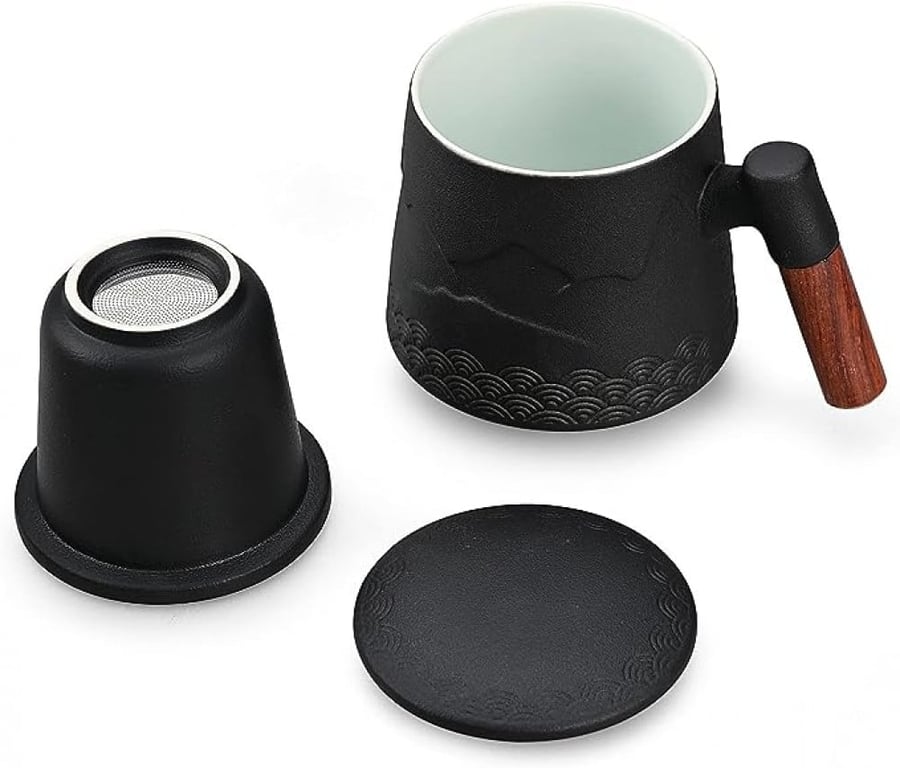 كوب سيراميك مسكة خشبية مع مصفاة - 400 مل | Cup Ceramic