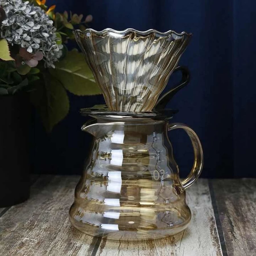 طقم قمع مع سيرفر زجاجي عسلي مع مسكة V60 Dripper | V60