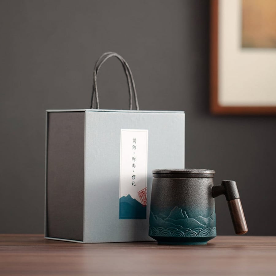 كوب سيراميك مسكة خشبية مع مصفاة - 400 مل | Cup Ceramic