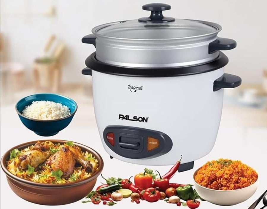 بالسون طباخة الأرز الكهربائية   1.8 لتر، مع جهاز بخار 700 واط  كوب قياس وملعقة لون ابيض موديل 40024