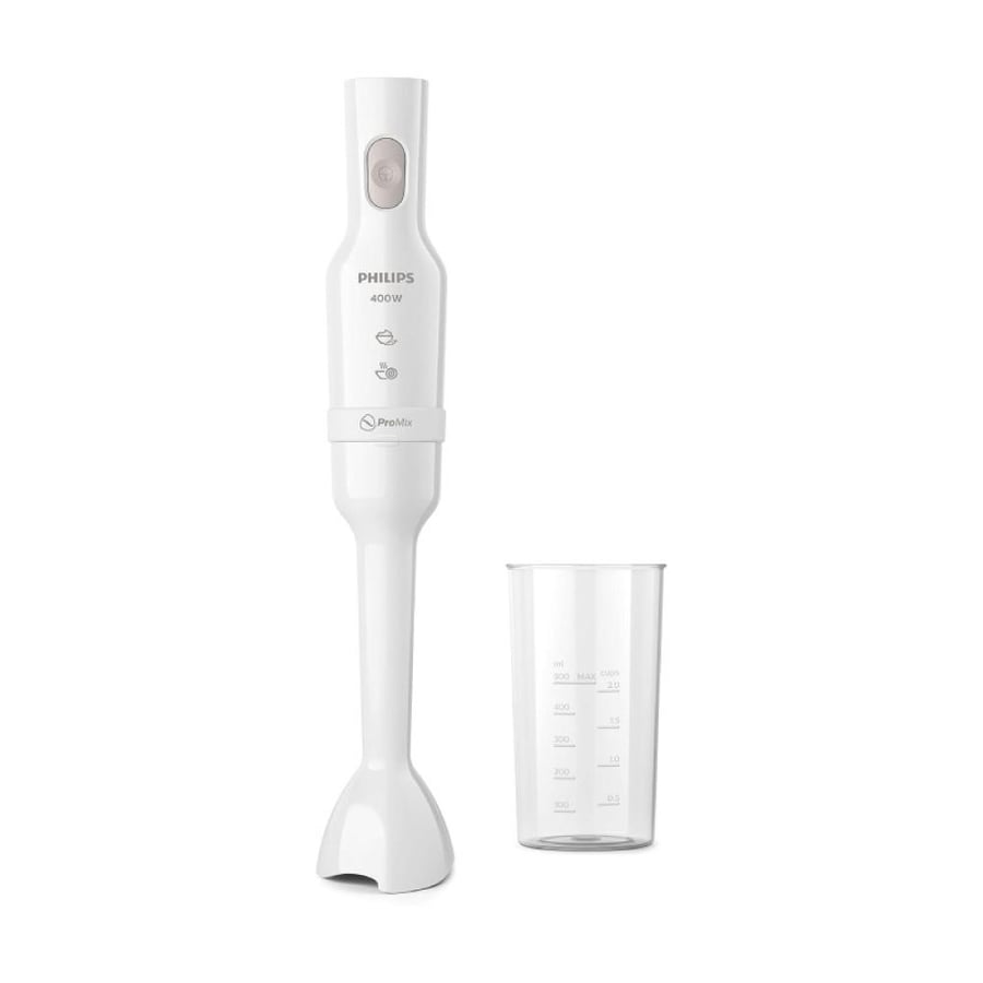 Philips Brumix 3000 Series hand blender with 400-watt motor and included plastic cup, white, model HR2520/01